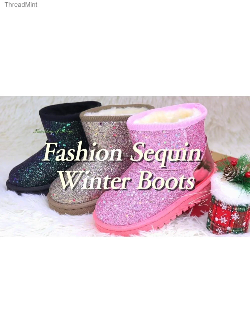 Girls Sequin Princess Snow Boots Faux Fur Lining Slip-On Winter Boots